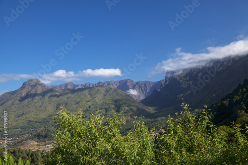 La Palma, view towards the highest area of the island, Caldera de Tabiriente, from a hiking path in El Paso municipality 