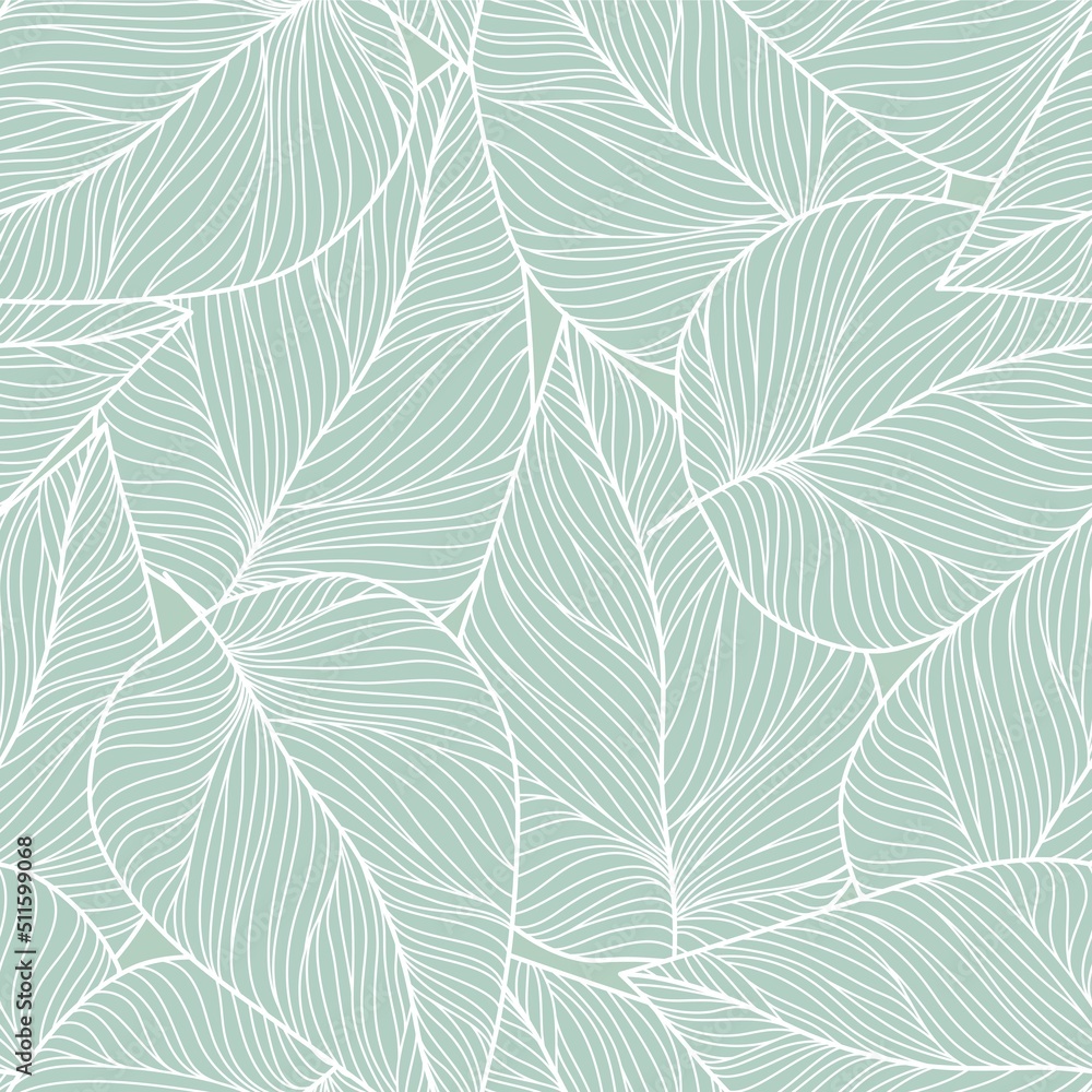 Abstract seamless pattern with leaves , Green and white  summer floral background. Vector pattern on a modern style.