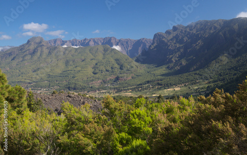 La Palma, view towards the highest area of the island, Caldera de Tabiriente, from a hiking path in El Paso municipality 