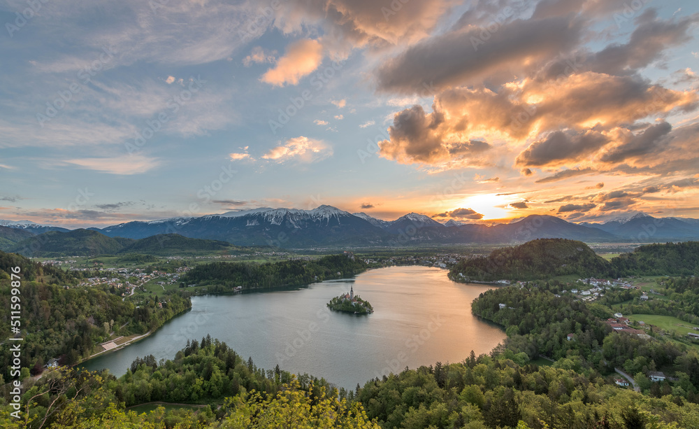 Sunrise at lake Bled from Osojnica viewpoint