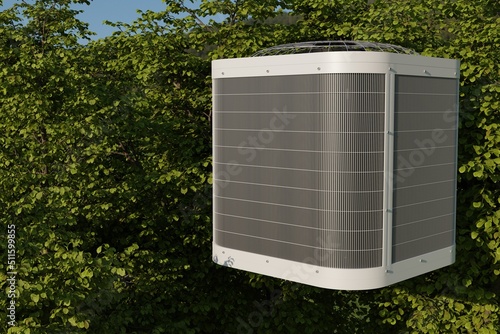 outdoor unit of the air conditioner against the background of trees 3d