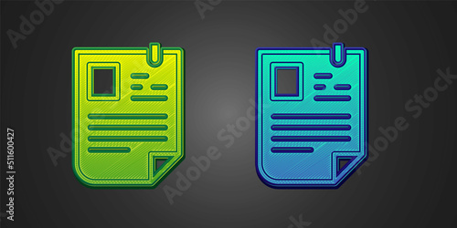 Green and blue Resume icon isolated on black background. CV application. Searching professional staff. Analyzing personnel resume. Vector