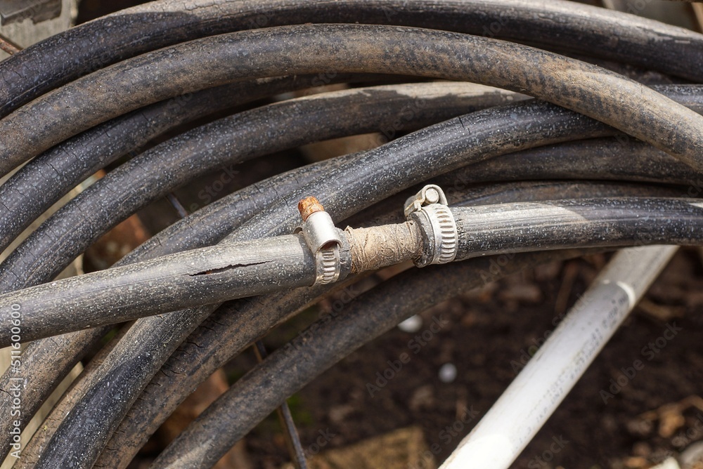 a roll of an old plastic torn dirty hose with a crack and metal clamps