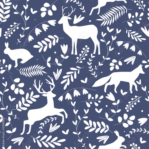 Seamless pattern with a forest natural print. Wild forest animals hare, fox, deer among leaves, flowers, branches. Vector graphics.