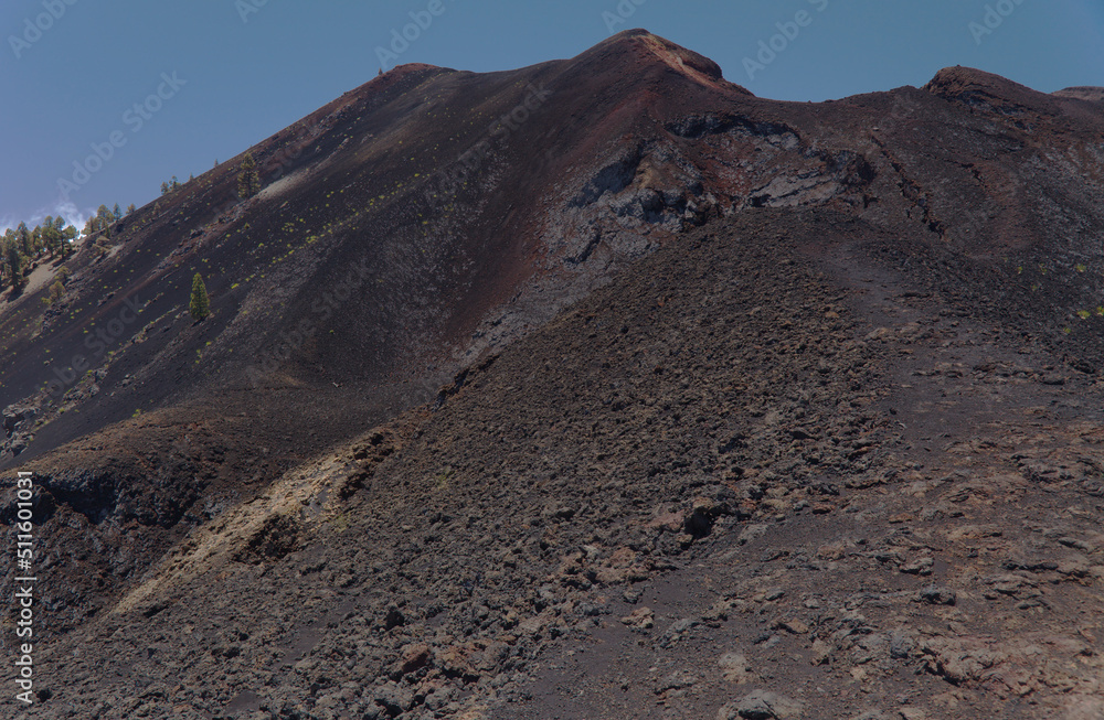 La Palma, long-range popular hiking route Ruta de Los Volcanes, landscapes around 
black crater of El Duraznero volcano, formed in 1949