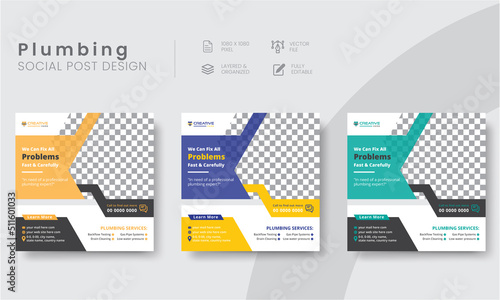 Professional plumber social media post layout templates for business marketing. Modern commercial plumbing social media post design for online advertising.