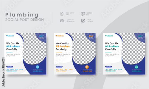Professional plumber social media post layout templates for business marketing. Modern commercial plumbing social media post design for online advertising.