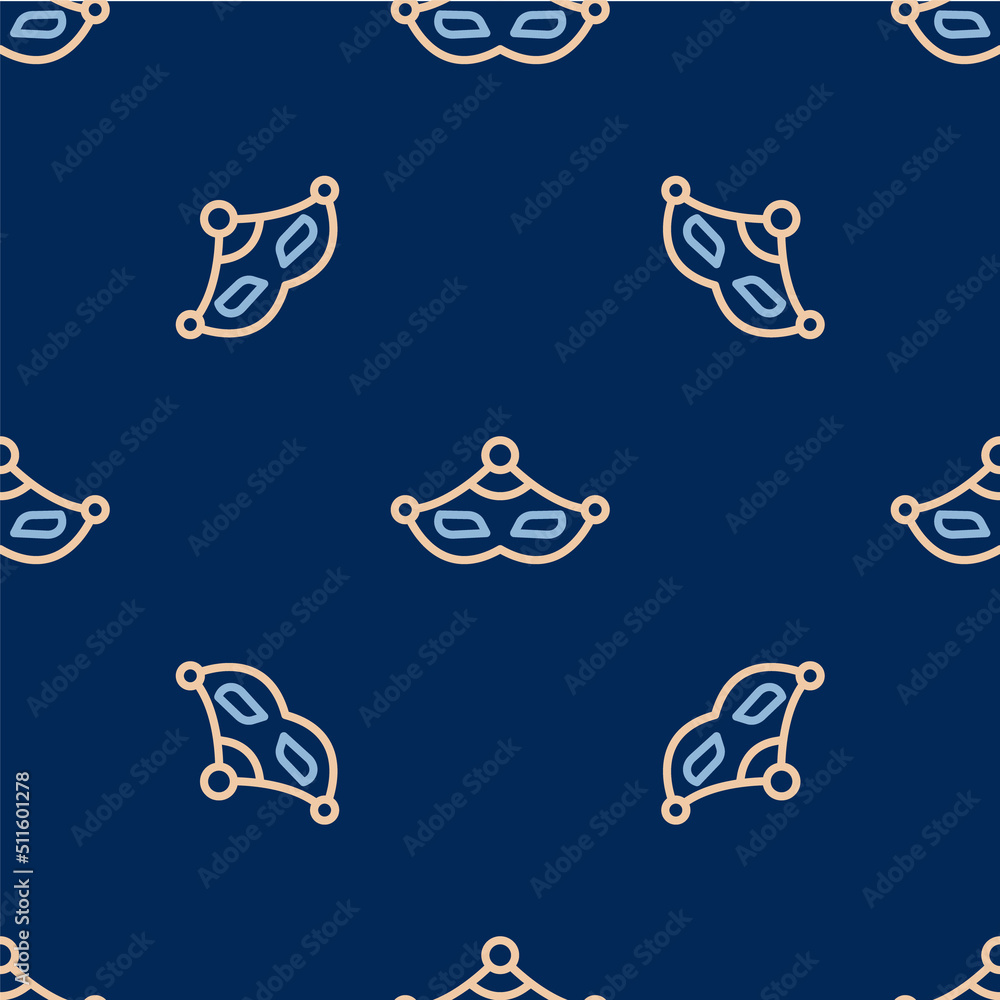 Line Carnival mask icon isolated seamless pattern on blue background. Masquerade party mask. Vector