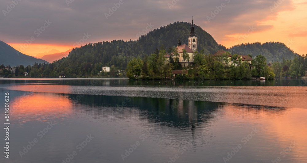 Lake Bled on a fierce and vivid sunrise