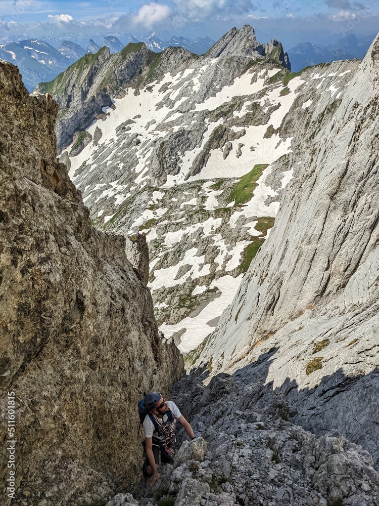 Climbing on the altmann in appenzell toggenburg in the southern chimney to the summit. Mountaineering in the Alpstein.