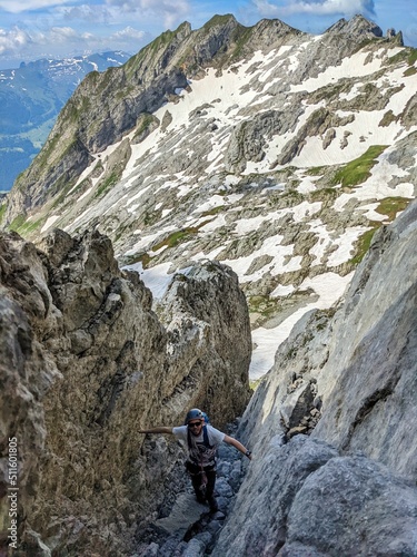 Mountain Altmann. Climb the south chimney to the summit. Mountaineering in the Alpstein area. Appenzell and Toggenburg