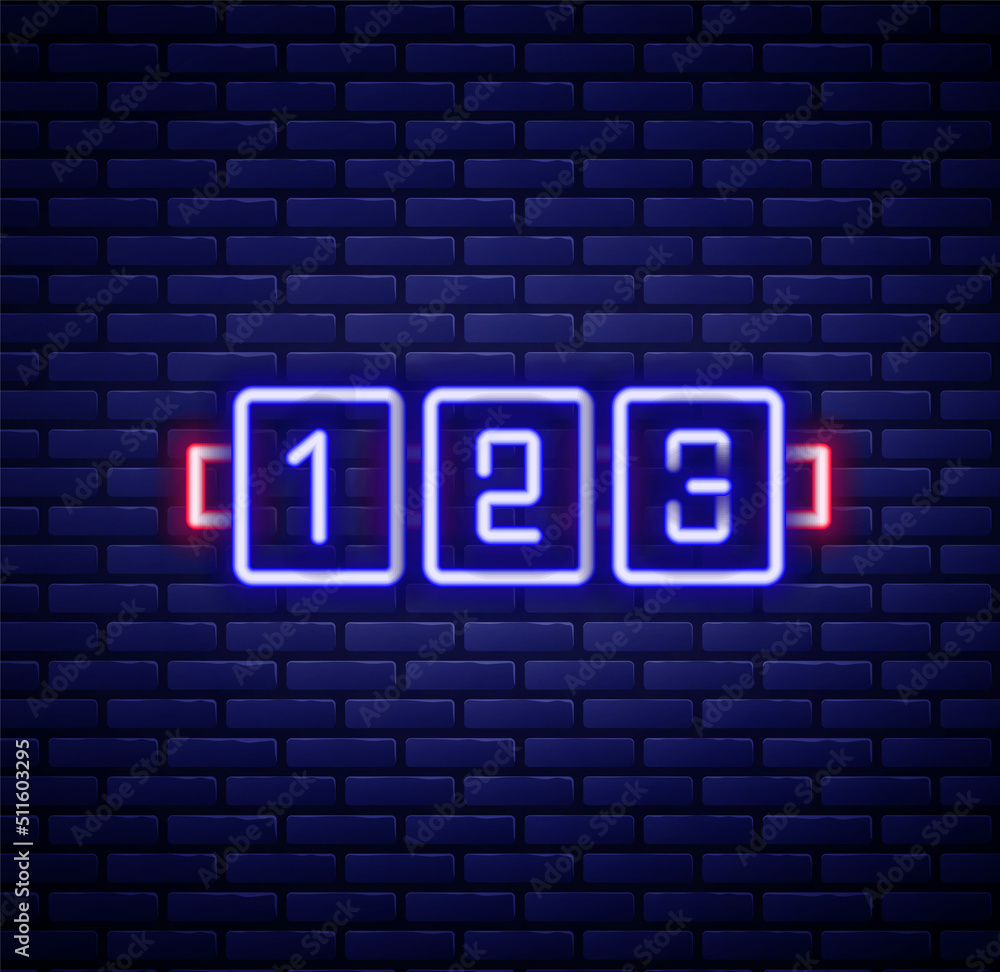 Glowing neon line Education logic game for preschool kids icon isolated on brick wall background. Kids activity sheet. Count the number of cubes. Colorful outline concept. Vector Glowing neon line Education logic game for preschool kids icon isolated on brick wall background. Kids activity sheet. Count the number of cubes. Colorful outline concept. Vector