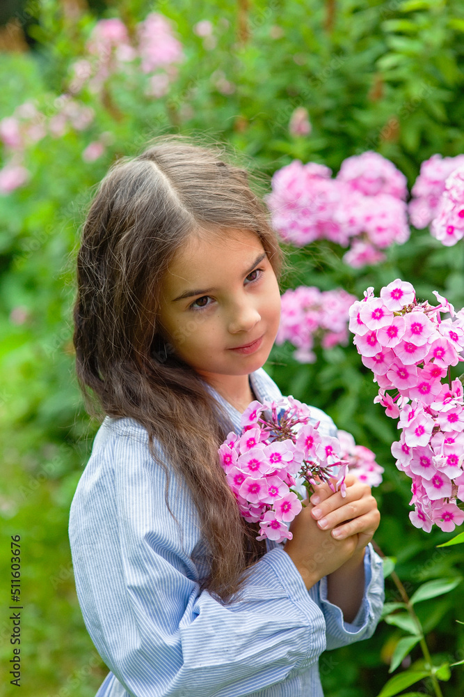 Fototapeta premium Portrait of a little girl with pink flowers phlox