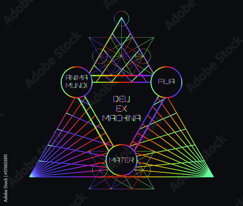 Mysterious holographic alchemical symbols on dark background. Sacred geometry and spiritual art.