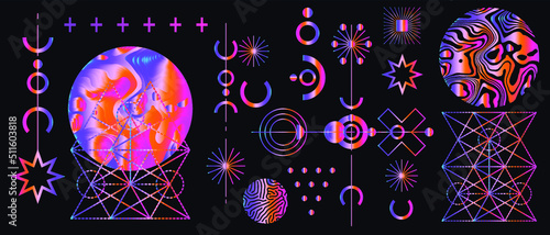 Mysterious holographic alchemical symbols on dark background. Sacred geometry and spiritual art.