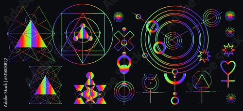 Mysterious holographic alchemical symbols on dark background. Sacred geometry and spiritual art.