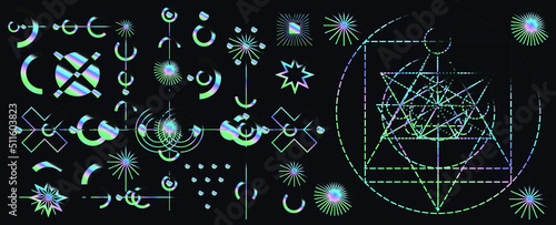 Mysterious holographic alchemical symbols on dark background. Sacred geometry and spiritual art.