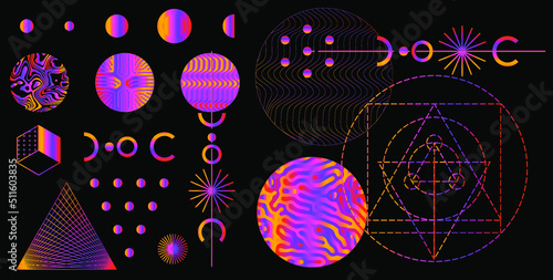 Mysterious holographic alchemical symbols on dark background. Sacred geometry and spiritual art.