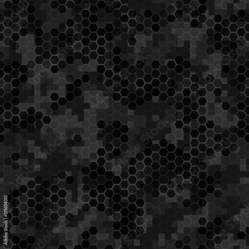 Seamless texture dark gray hex grid with pixels. Vector Illustration.