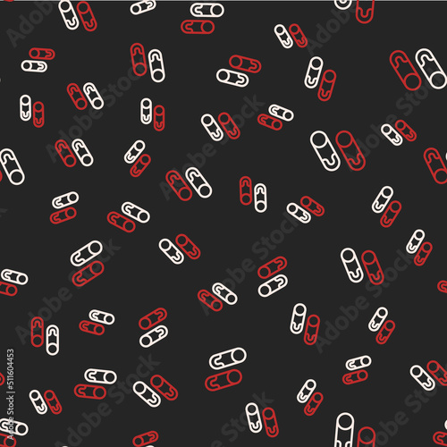 Line Classic closed steel safety pin icon isolated seamless pattern on black background. Vector