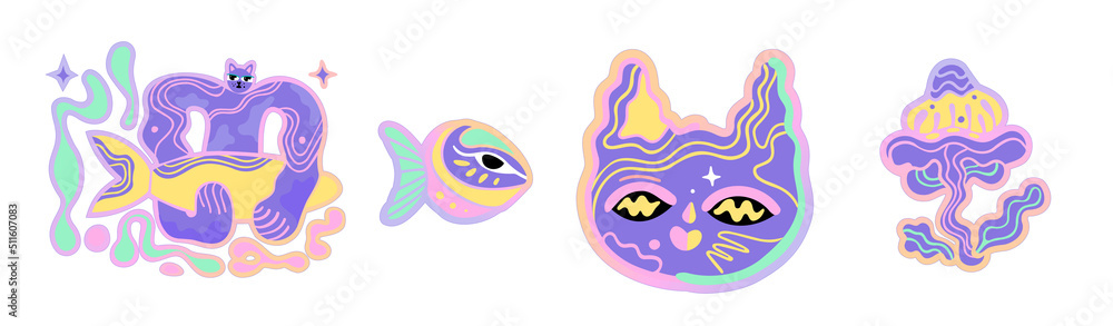 Obraz premium Hand drawn sticker with cat power.Pride vector isolated eyes flat style.Fish and flower.Kitten face illustration design