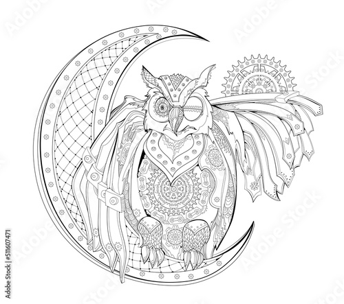 Fantasy steampunk owl. Coloring book for children and adults. Illustration in zentangle style. Printable page for drawing and meditation. Black and white vector for decoration, t-shirts, tattoo.
