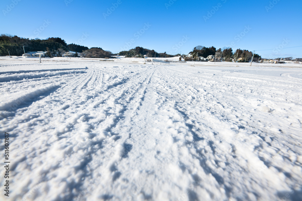 降雪の朝いつもの雪道　雪の轍跡