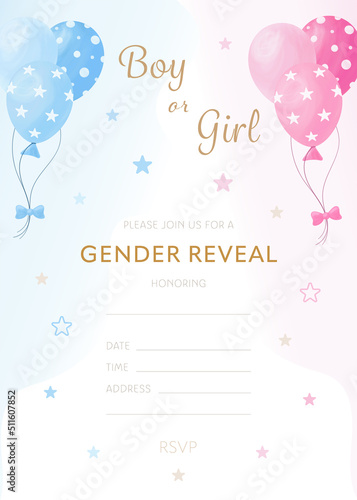 Vector gender reveal party invitation template with pink and blue balloons, with gap for filling. He or she. Boy or girl. 