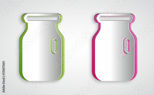 Paper cut Glass jar with screw-cap icon isolated on grey background. Paper art style. Vector