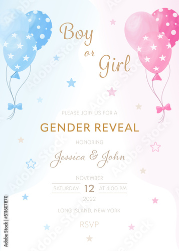 He or she. Boy or girl. Vector gender reveal party invitation template with pink and blue balloons.