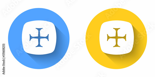 White Crusade icon isolated with long shadow background. Circle button. Vector