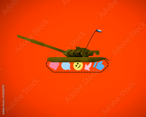 Social elements and icons replace the gears in a tank. Concept of Information war war in the media space. Cyber warfare, DDoS attack, fakes, hackers and cybercrime, phishing, propaganda. Vector