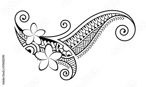 Maori style tattoo. Ethnic decorative oriental ornament with Frangipani Plumeria flowers. Coloring book page.	
