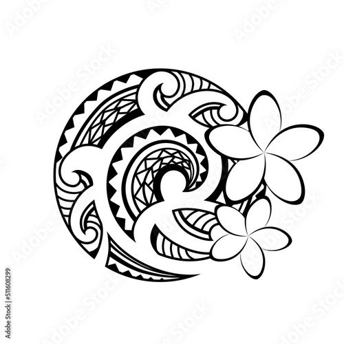 Maori style tattoo. Fish hook. Bone matau. Hei matau.	
Ethnic decorative oriental ornament with Frangipani Plumeria flowers. Coloring book page.	
 photo