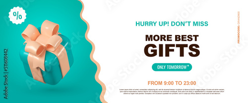 3d vector cartoon blue gift box on blue background. Realistic giftbox banner ads coupon template. Announcement web banner. Super sale special offer vector illustration. 