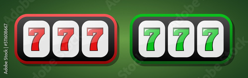 Three sevens in a slot machine. Jackpot. Vector clipart isolated on green background.