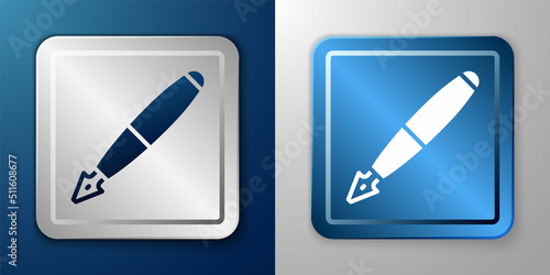 White Fountain pen nib icon isolated on blue and grey background. Pen tool sign. Silver and blue square button. Vector