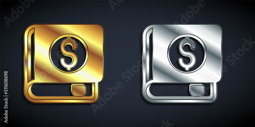 Gold and silver Financial book icon isolated on black background. Long shadow style. Vector