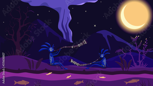 A Night Landscape With Mountains And A River, On The Shore Two Creatures Play The Didgeridoo Under The Moonlight