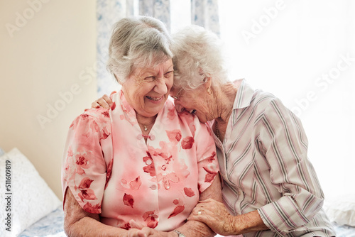 Nothing inspires happiness like a good old friend. Shot of two happy elderly women embracing each other at home.