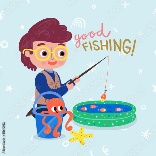 Fisher Boy With Glasses Play Fishing Rod Catching Fish in a Little Pool with Octopus Friend. Play With Me Children Collection, Funny Kids Activities, Colorful Cartoon Illustrations.