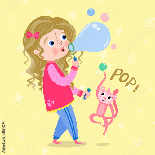 Cute Little Girl Blowing Soap Bubbles Soap in the Air with Little Stuffed Monkey Busting . Play With Me Children Collection, Funny Kids Activities, Colorful Cartoon Illustrations.