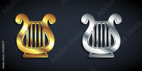 Gold and silver Ancient Greek lyre icon isolated on black background. Classical music instrument, orhestra string acoustic element. Long shadow style. Vector