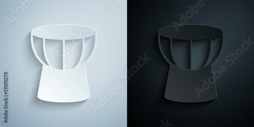 Paper cut African darbuka drum icon isolated on grey and black background. Musical instrument. Paper art style. Vector