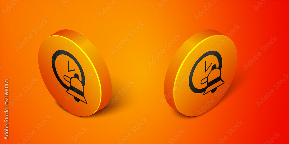 Isometric Alarm clock icon isolated on orange background. Wake up, get up concept. Time sign. Orange circle button. Vector