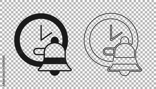 Black Alarm clock icon isolated on transparent background. Wake up, get up concept. Time sign. Vector