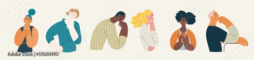 People portrait - Thinking people set-Modern flat vector concept illustration of a young people thinking about something, half-length portrait, user avatar. Creative landing web page template
