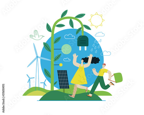 Ecology - Renewable energy -Modern flat vector concept illustration of Solar panels, Wind turbines, Rain power. A young woman and a boy running. Creative landing web page template