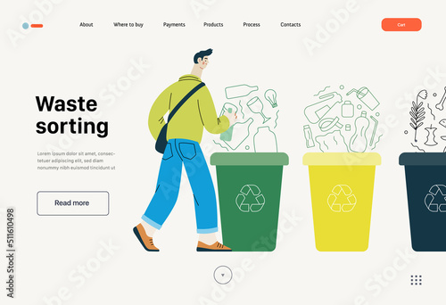 Ecology - Waste sorting -Modern flat vector concept illustration of a young man putting a glass bottle into the garbage container for glass waste. Creative landing web page template