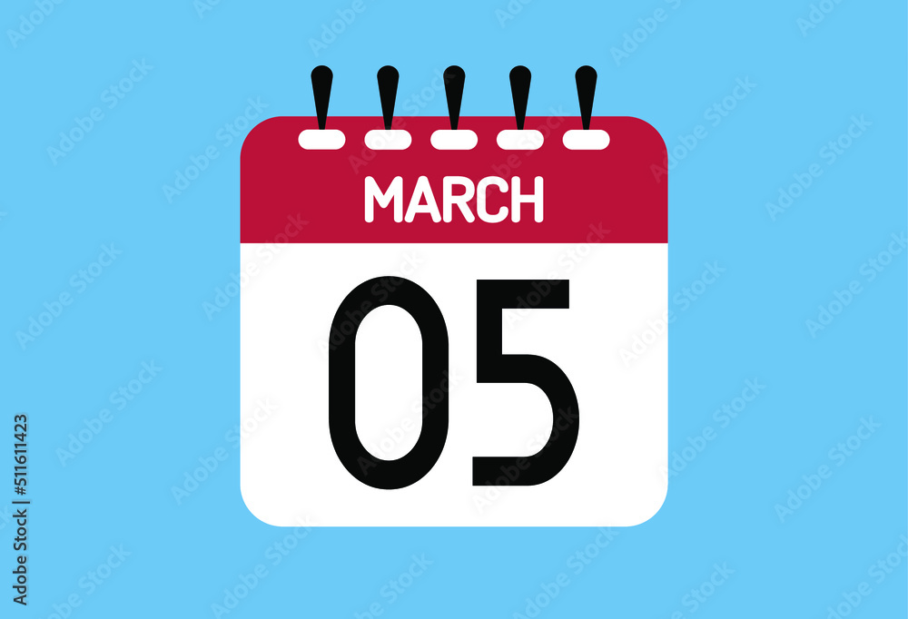 March day 5. Calendar design template 5 march in background blue. March day 5. Calendar design template 5 march in background blue.